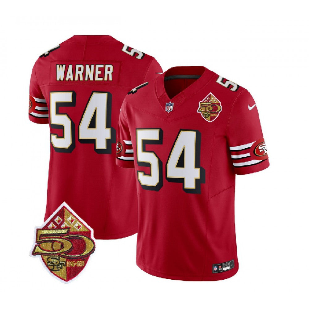 Men's San Francisco 49ers #54 Fred Warner Red 2023 F.U.S.E. 50th Patch Throwback Stitched Football Jersey 