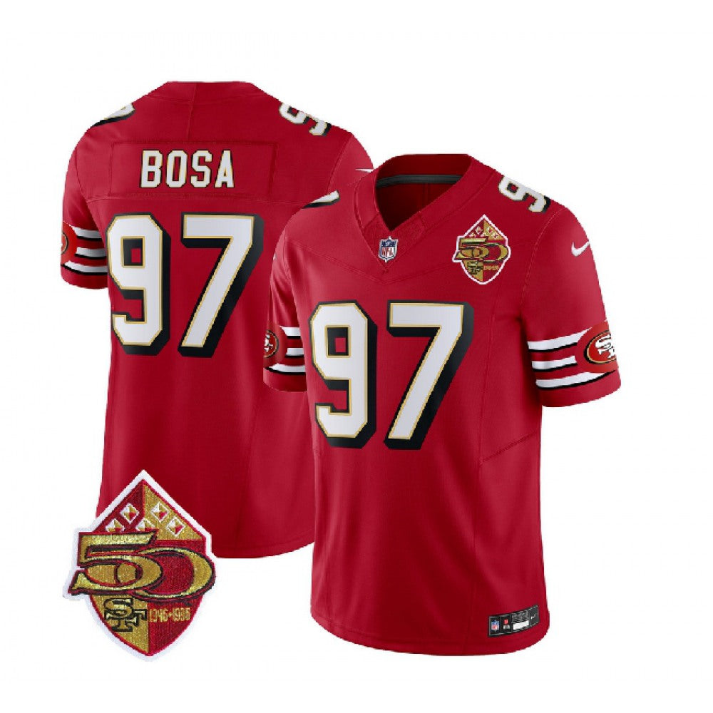 Men's San Francisco 49ers #97 Nick Bosa Red 2023 F.U.S.E. 50th Patch Throwback Stitched Football Jersey 