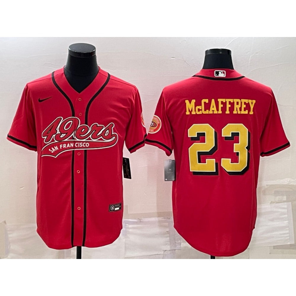 Men's San Francisco 49ers #23 Christian McCaffrey Red Gold With Patch Cool Base Stitched Baseball Jersey 