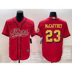 Men's San Francisco 49ers #23 Christian McCaffrey Red Gold With Patch Cool Base Stitched Baseball Jersey 