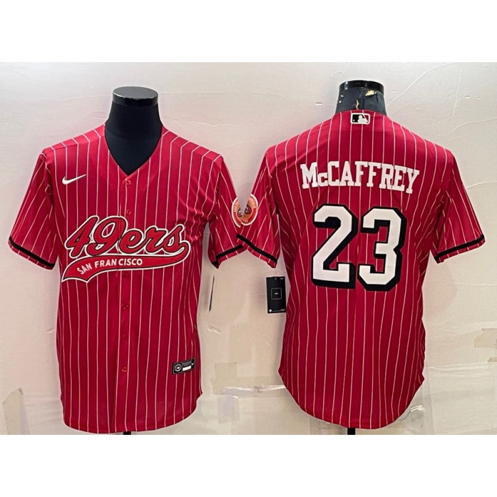 Men's San Francisco 49ers #23 Christian McCaffrey Red With Patch Cool Base Stitched Baseball Jersey 