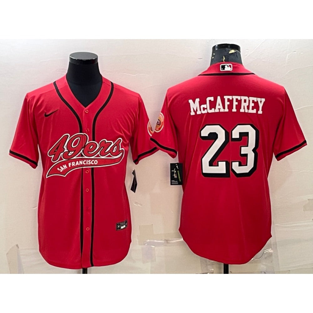 Men's San Francisco 49ers #23 Christian McCaffrey New Red With Patch Cool Base Stitched Baseball Jersey 