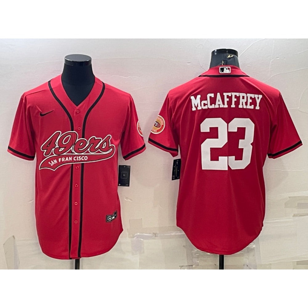 Men's San Francisco 49ers #23 Christian McCaffrey Red With Patch Cool Base Stitched Baseball Jersey 