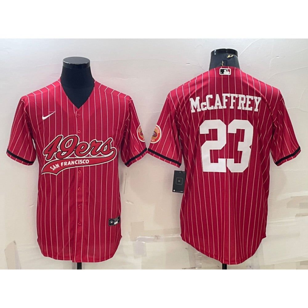 Men's San Francisco 49ers #23 Christian McCaffrey Red With Patch Cool Base Stitched Baseball Jersey 
