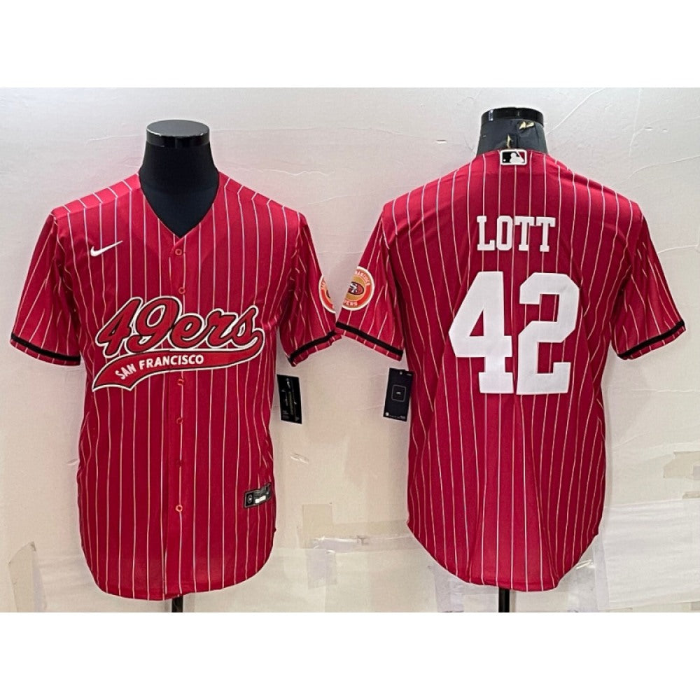 Men's San Francisco 49ers #42 Ronnie Lott Red With Patch Cool Base Stitched Baseball Jersey 