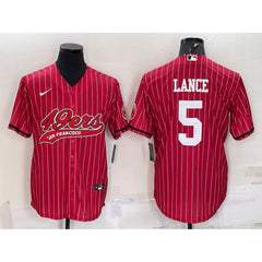 Men's San Francisco 49ers #5 Trey Lance Red With Patch Cool Base Stitched Baseball Jersey 