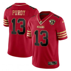 Men's San Francisco 49ers #13 Brock Purdy Red Gold With 75th Patch Cool Base Stitched Jersey 