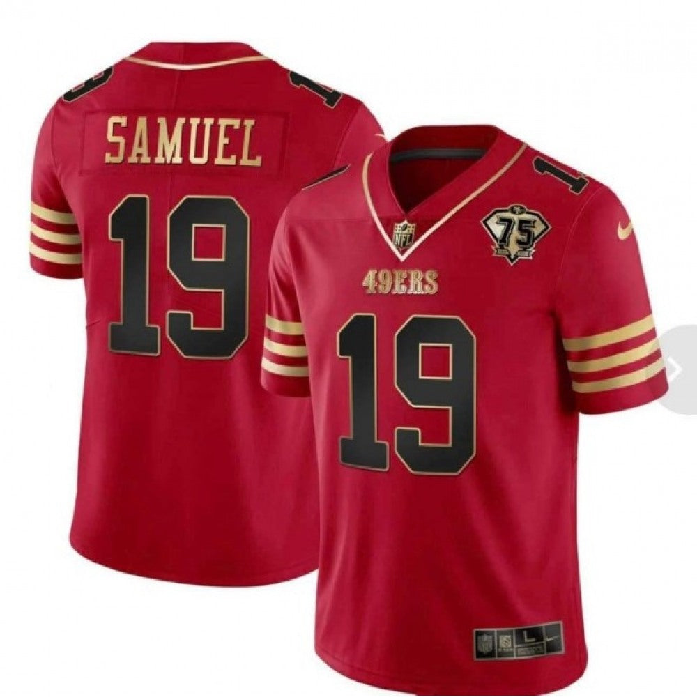 Men's San Francisco 49ers #19 Deebo Samuel Red With 75th Anniversary Patch Stitched Football Jersey 