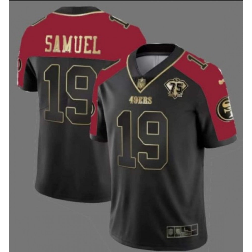 Men's San Francisco 49ers #19 Deebo Samuel Balck Red With 75th Anniversary Patch Stitched Football Jersey 