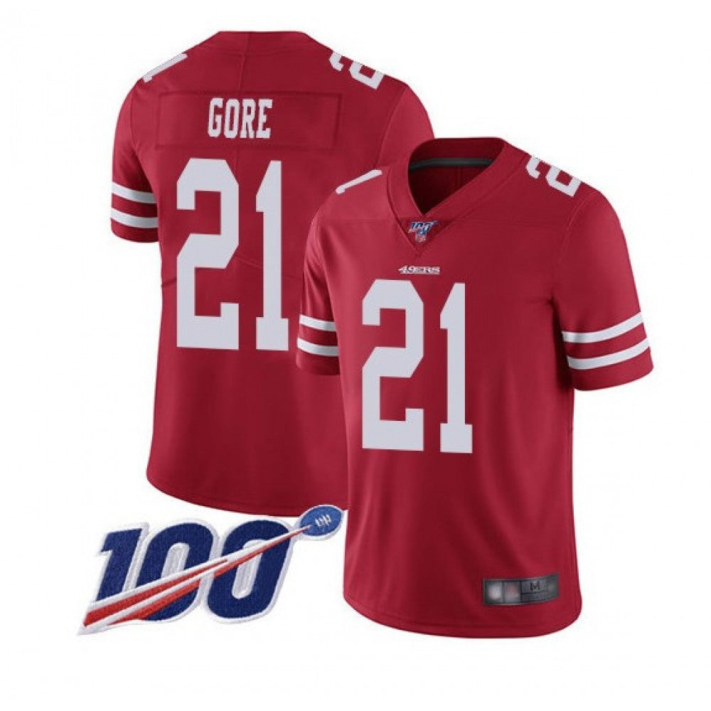 Men's San Francisco 49ers #21 Frank Gore Red White 100th Patch Stitched Jersey 