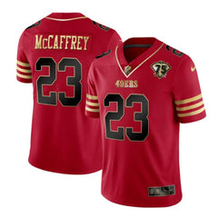 Men's San Francisco 49ers #23 Christian McCaffrey Red Gold With 75th Patch Cool Base Stitched Jersey 
