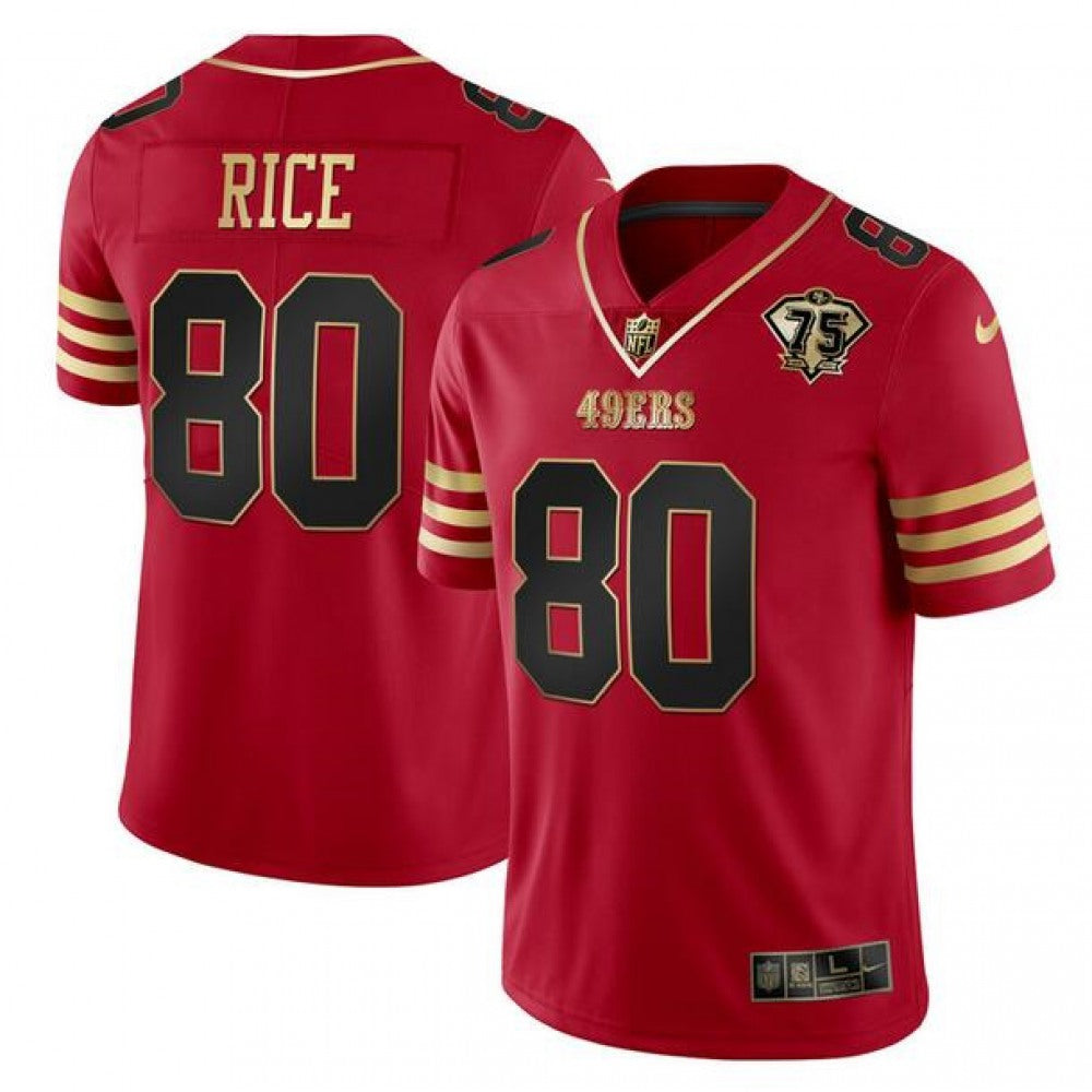 Men's San Francisco 49ers #80 Jerry Rice Red Gold With 75th Anniversary Patch Stitched Jersey 