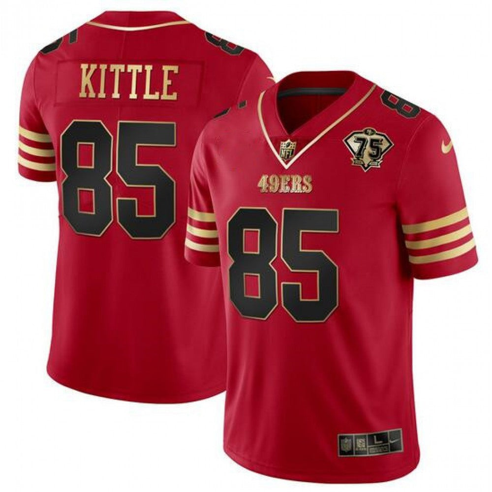 Men's San Francisco 49ers #85 George Kittle Red Gold With 75th Anniversary Patch Stitched Jersey 