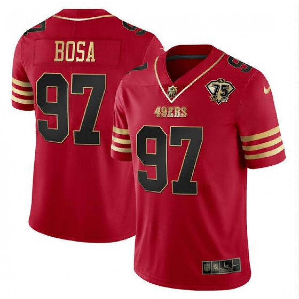 Men's San Francisco 49ers #97 Nick Bosa Red Gold With 75th Anniversary Patch Stitched Jersey 