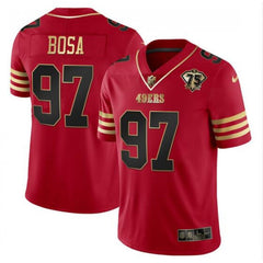 Men's San Francisco 49ers #97 Nick Bosa Red Gold With 75th Anniversary Patch Stitched Jersey 