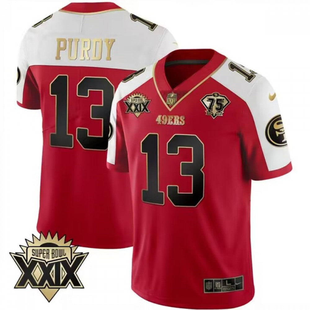 Men's San Francisco 49ers #13 Brock Purdy Red Gold Super Bowl XXIX Patch Limited Stitched Football Jersey 