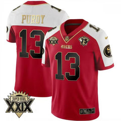 Men's San Francisco 49ers #13 Brock Purdy Red Gold Super Bowl XXIX Patch Limited Stitched Football Jersey 