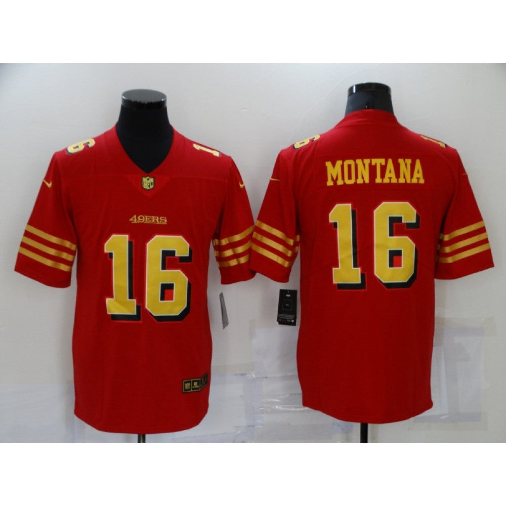 Men's San Francisco 49ers #16 Joe Montana Red Gold Vapor Untouchable Limited Stitched Jersey 