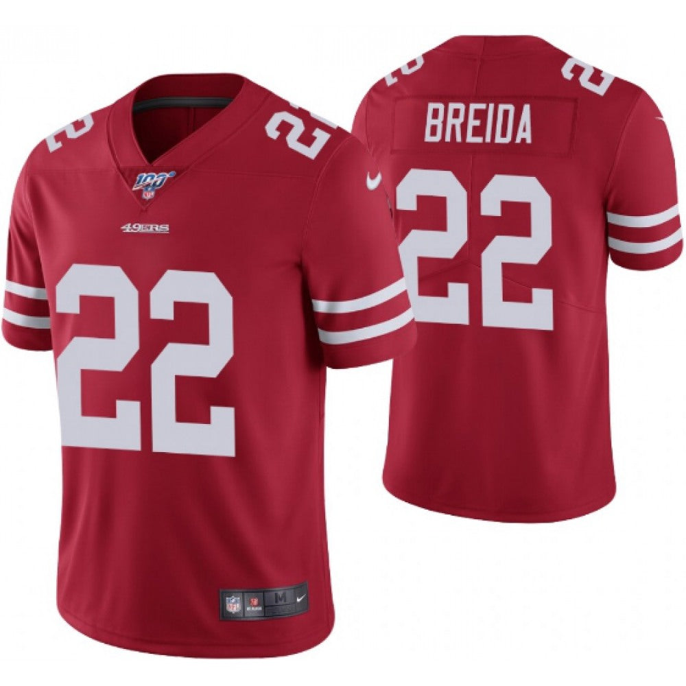 Men's San Francisco 49ers #22 Matt Breida Red 2019 100th season Vapor Untouchable Limited Stitched NFL Jersey 