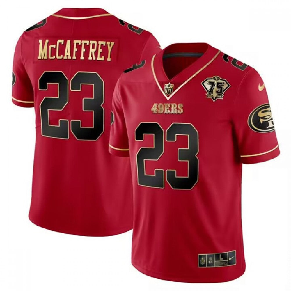 Men's San Francisco 49ers #23 Christian McCaffrey Red Gold 75 Anniversary Patch Limited Stitched Football Jersey 