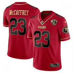 Men's San Francisco 49ers #23 Christian McCaffrey Red Gold 75 Anniversary Patch Limited Stitched Football Jersey 
