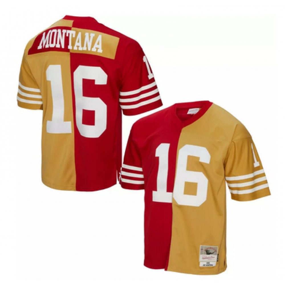 Men's San Francisco 49ers #16 Joe Montana Red Gold Split 1990 Throwback Stitched Jersey 