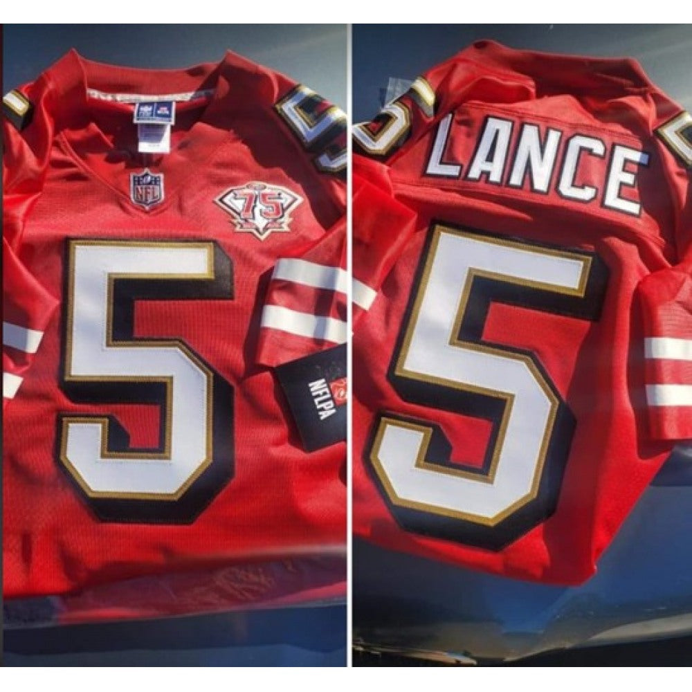 Men's San Francisco 49ers #5 Trey Lance 2021 75th Anniversary Red Throwback NFL Stitched Jersey 