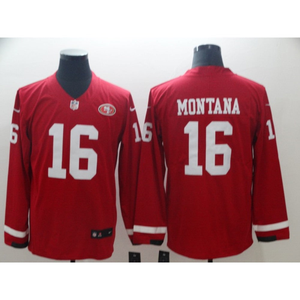 Men's San Francisco 49ers #16 Joe Montana Scarlet Therma Long Sleeve Stitched NFL Jersey 