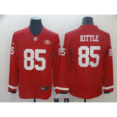 Men's San Francisco 49ers #85 George Kittle Scarlet Therma Long Sleeve Stitched NFL Jersey 
