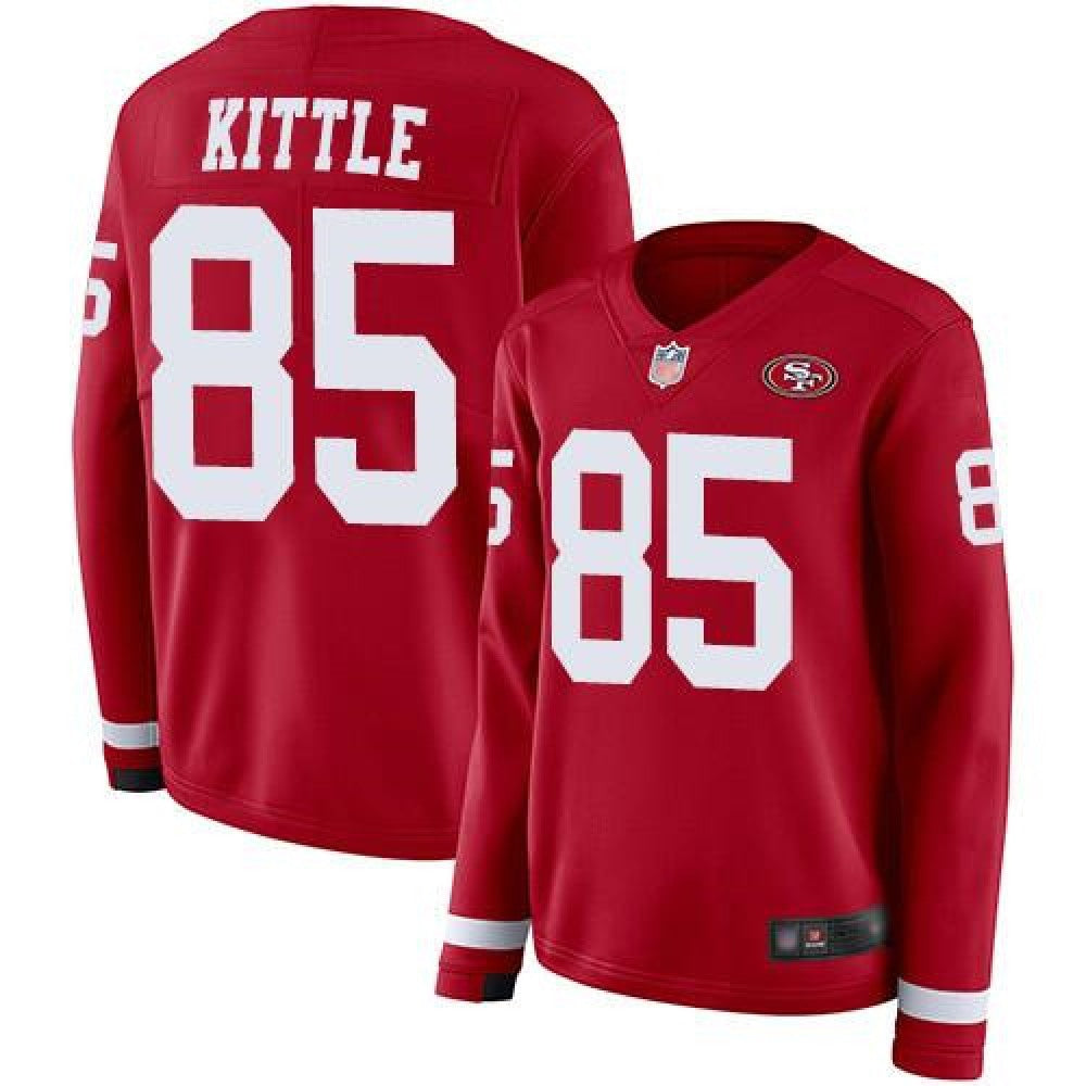 Men's San Francisco 49ers #85 George Kittle Scarlet Therma Long Sleeve Stitched NFL Jersey 