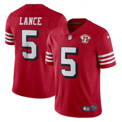Men's San Francisco 49ers #5 Trey Lance 2021 Scarlet 75th Anniversary Alternate Vapor Untouchable Stitched NFL Jersey 