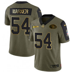 Men's San Francisco 49ers #54 Warner Scarlet 2021 Olive Salute To Service Golden Limited Stitched Jersey 