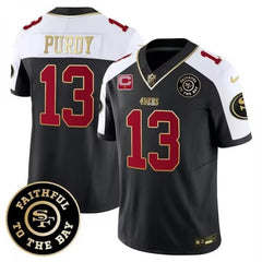 Men's San Francisco 49ers #13 Brock Purdy White balck 2023 F.U.S.E. With 1-Star C Patch and Faithful To The Bay Patch Stitched Football Jersey 