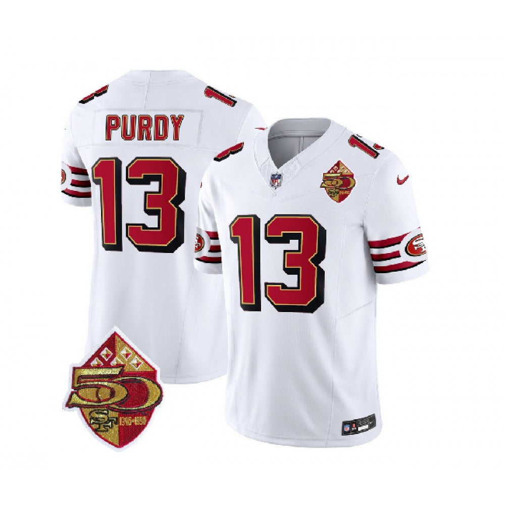 Men's San Francisco 49ers #13 Brock Purdy White 2023 F.U.S.E. 50th Patch Vapor Untouchable Limited Stitched Football Jersey 