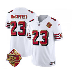 Men's San Francisco 49ers #23 Christian McCaffrey White 2023 F.U.S.E. 50th Patch Vapor Untouchable Limited Stitched Football Jersey 