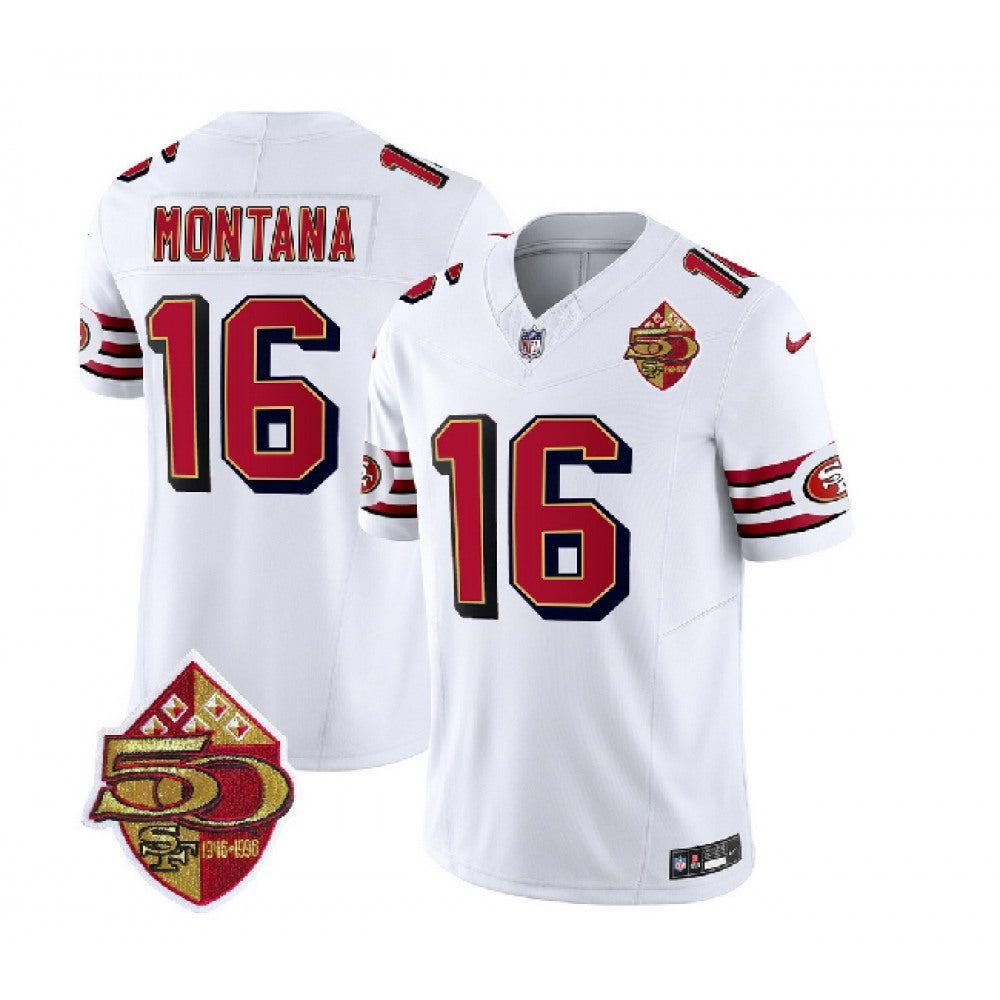 Men's San Francisco 49ers #16 Joe Montana White 2023 F.U.S.E. 50th Patch Throwback Stitched Football Jersey 