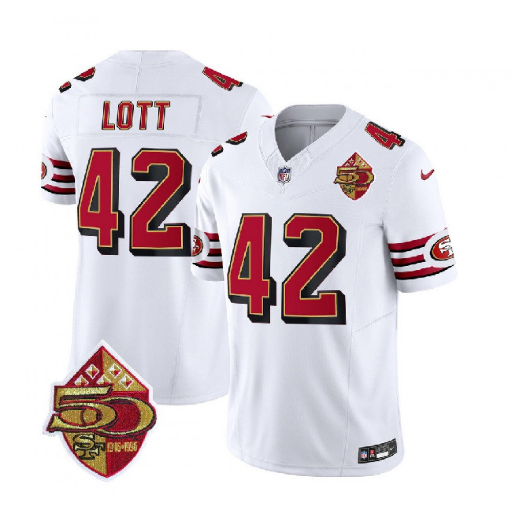 Men's San Francisco 49ers #42 Ronnie Lott White 2023 F.U.S.E. 50th Patch Throwback Stitched Football Jersey 