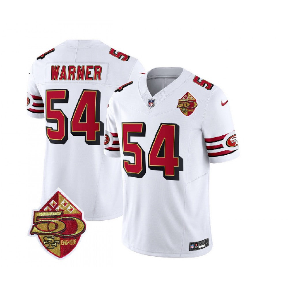 Men's San Francisco 49ers #54 Fred Warner White 2023 F.U.S.E. 50th Patch Throwback Stitched Football Jersey 