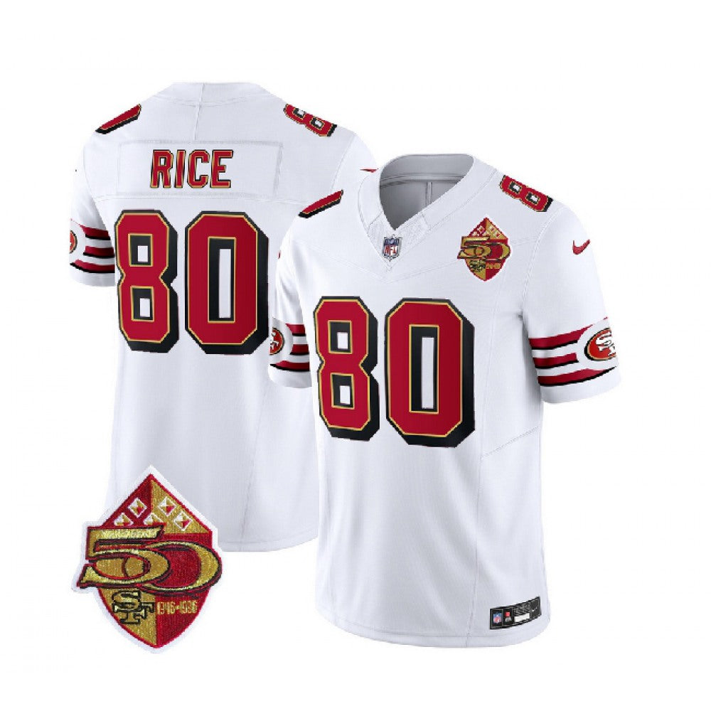 Men's San Francisco 49ers #80 Jerry Rice White 2023 F.U.S.E. 50th Patch Throwback Stitched Football Jersey 