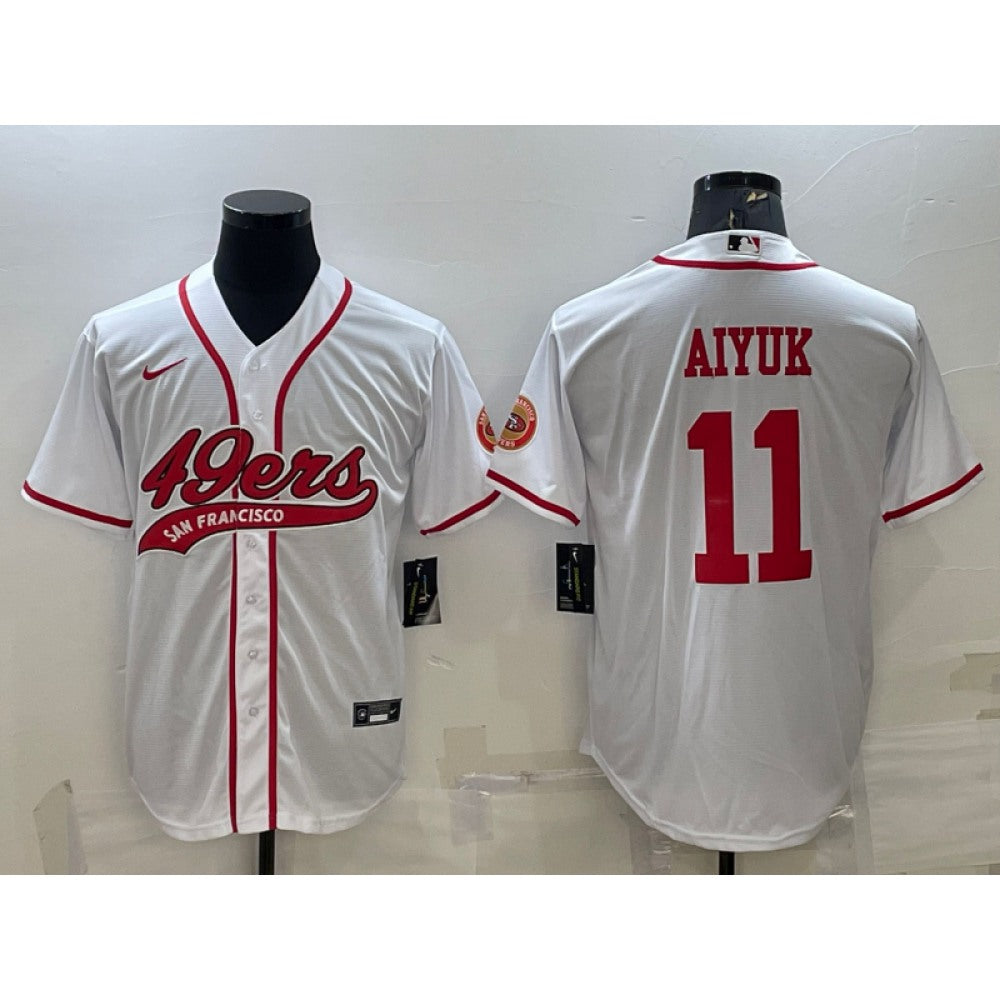 Men's San Francisco 49ers #11 Brandon Aiyuk White With Patch Cool Base Stitched Baseball Jersey 