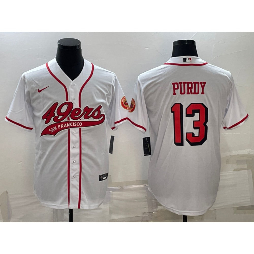 Men's San Francisco 49ers #13 Brock Purdy White With Patch Cool Base Stitched Baseball Jersey 