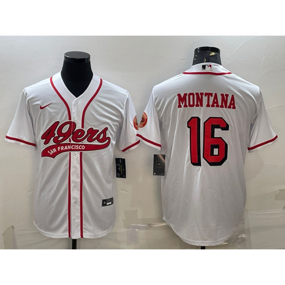 Men's San Francisco 49ers #16 Joe Montana New White With Patch Cool Base Stitched Baseball Jersey 