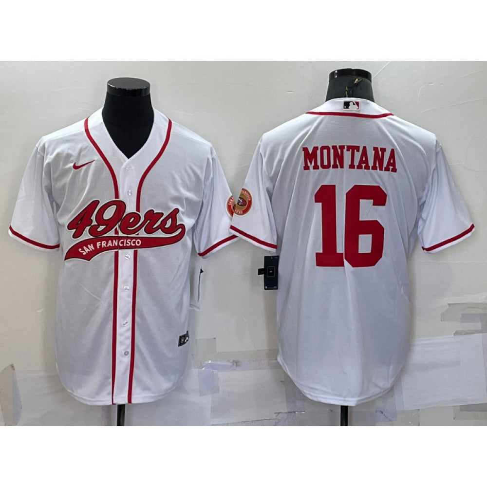 Men's San Francisco 49ers #16 Joe Montana White With Patch Cool Base Stitched Baseball Jersey 