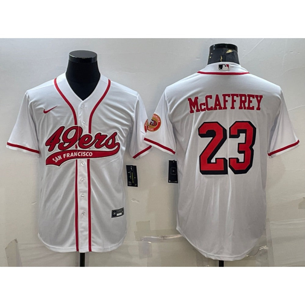 Men's San Francisco 49ers #23 Christian McCaffrey New White With Patch Cool Base Stitched Baseball Jersey 