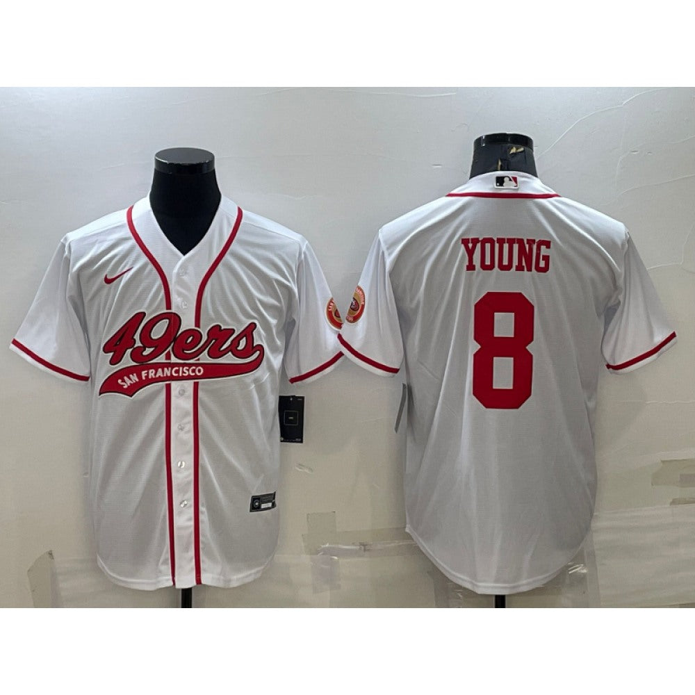 Men's San Francisco 49ers #8 Steve Young White With Patch Cool Base Stitched Baseball Jersey 