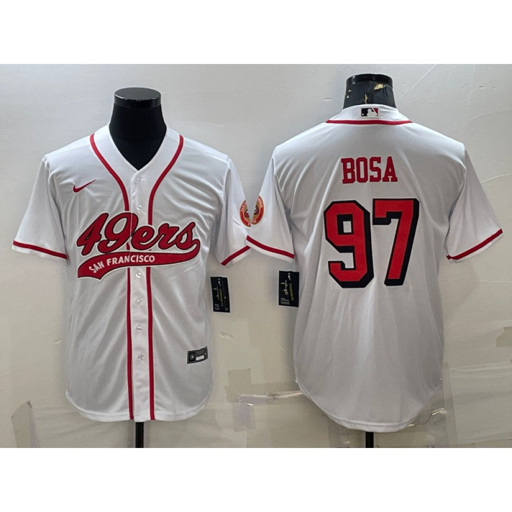 Men's San Francisco 49ers #97 Nick Bosa New White With Patch Cool Base Stitched Baseball Jersey 