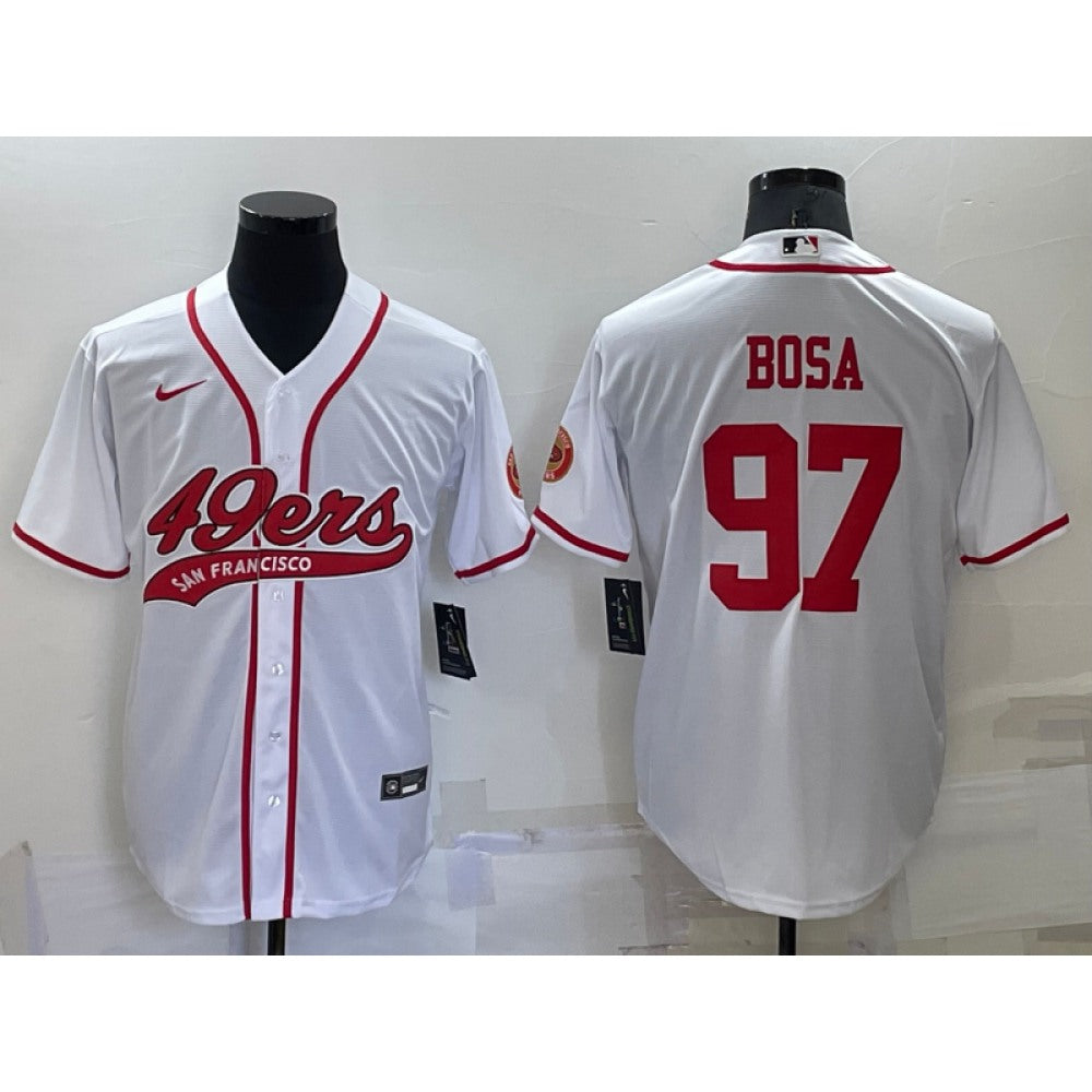 Men's San Francisco 49ers #97 Nick Bosa White Red Cool Base Stitched Baseball Jersey 