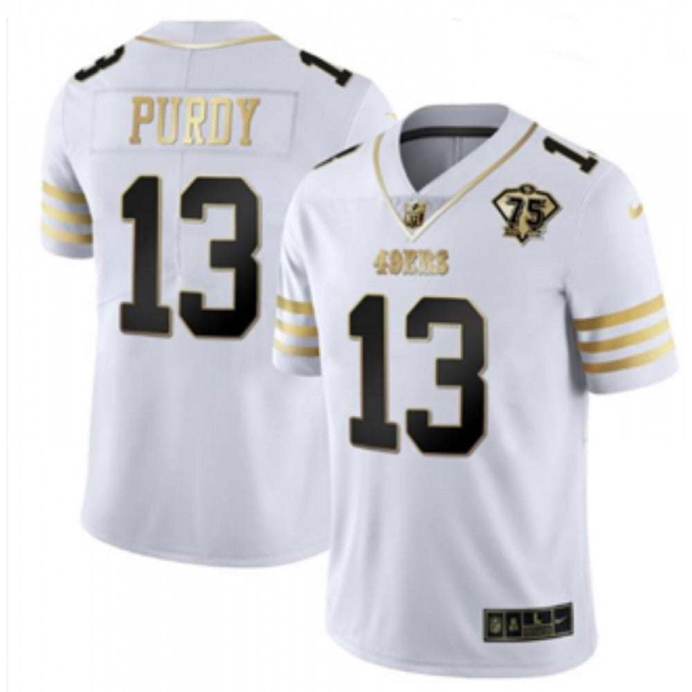 Men's San Francisco 49ers #13 Brock Purdy White Gold With 75th Patch Stitched Jersey 