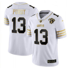 Men's San Francisco 49ers #13 Brock Purdy White Gold With 75th Patch Stitched Jersey 