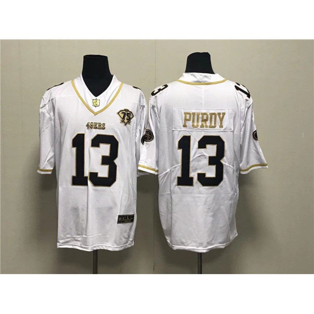 Men's San Francisco 49ers #13 Brock Purdy White Gold With 75th Anniversary Patch Stitched Jersey 